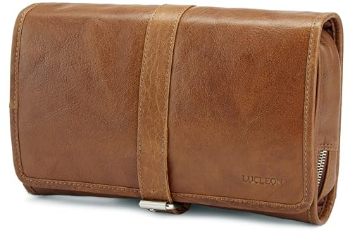 Lucleon by Trendhim Tan Kulturbeutel für Herren | Großzügige Waschtasche aus echtem Rindsleder mit Baumwollfutter & Anilinfinish | Mit Aufhängung | Ideal für Reisen