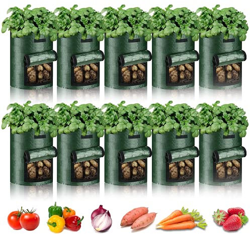 PfiHom Pflanztaschen 10 Gallonen-10 Packungen, 45L Kartoffelpflanzsäcke, Karotten und anderes Gemüse, verdickter Pflanzsack mit Fenster und Griffen (dunkelgrün)