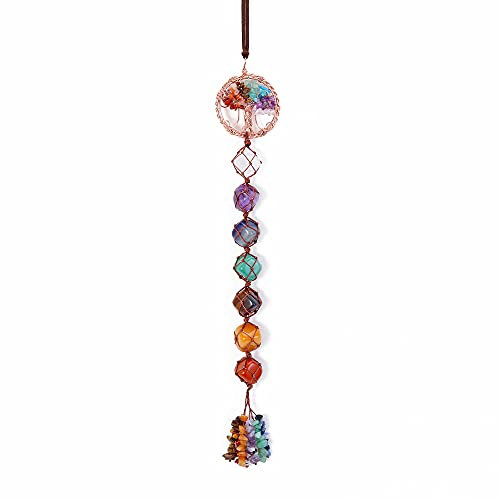 Jovivi Baum des Lebens Natürliche Heilkristalle Hänge-Ornament 7 Chakra-Steine Wandornament Feng Shui Fensterhänger Hängeornament für Heimdekoration