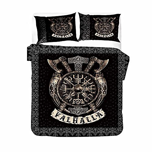 Bettwäsche 240 × 260 Cm Schwarzer Klassischer Wikinger Mythos Bettbezug Set, Super Weicher Bettbezug Mit Reißverschluss Für Erwachsene Und Kinder, Mikrofaser Bettbezug Mit 2 Kissenbezügen 80 × 80 Cm