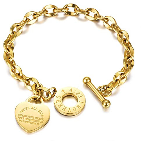 Emibele Armband mit Gravur, Edelstahl Gliederarmkette mit Herzanhänger & OT Schnalle für Damen Mädchen, Gliederkette Schmuck mit Bibelversen Sprüche 4:23 - Gold