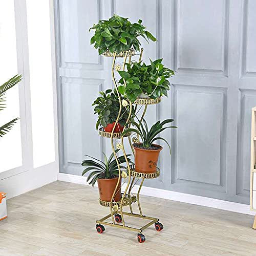 YYUN 5 Tier European Style Plant Stand with Wheels, Metal Flower Pot Display Stand Ladder Planter Indoor Outdoor Plant Shelves for Home Patio Office Garden (Color : Gold)