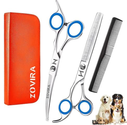 Dog Grooming Scissors Set, Pet Cat Hair Cutting Trimming Scissors - Straight with Leather Pouch – Stainless Steel (Pet Scissor Set)