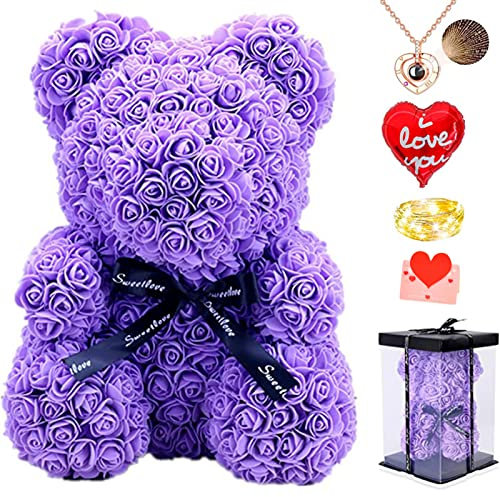 xixi-home Ours en Rose,Fleur Ours,25 CM Nounours en Rose Cadeau Rose Eternelle Saint Valentin Ours à Fleurs avec lumière LED Carte Cadeau, Coffret Cadeau,Anniversaire Fete des Meres