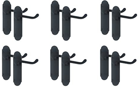 Golden Grace Victorian Shaped Premium Door Handles Lever Latch in Matt Black Finish, Epsom Style, 6 Pairs - 168mm x 40mm Backplate