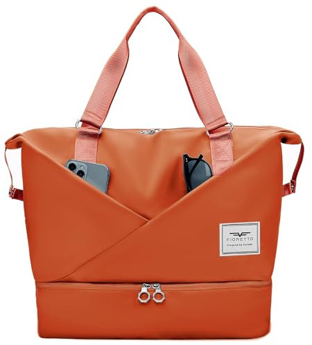 FIORETTO Womens Travel Bag Duffle Bag with Laptop Compartment, Water Resistant Gym Bag Weekend Bag Overnight Hospital Bag Holdall with Separated Shoes Compartment & Wet Pocket Orange