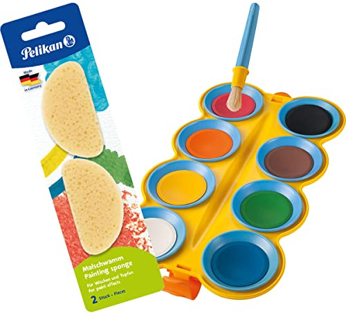 Pelikan Malschwamm 2 Stück + Deckfarbkasten Mini-Friends mit 8 Farben + Pinsel, Mehrfarbig