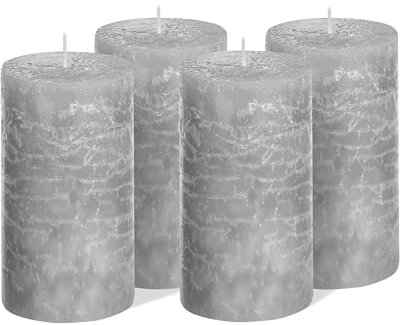 Brandsseller 4er Set Stumpenkerzen 7x18 cm – durchgefärbt & aus Paraffin – rustikale Kerzen mit langer Brenndauer – Dekokerzen für Tischdeko, Weihnachten & Feste – Grau