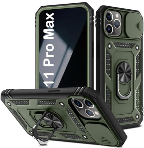 PASNEW for iPhone 11 Pro Max Case,Magnetic Car Mount Holder Kickstand & Camera Cover Slide,Charge Port Dust Plug,Military Rugged Heavy Duty Full Body Shockproof Drop Shell 11Promax,Army Green