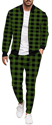 QWUVEDS Herren Winter Casual Street Woven Jacket Coat Pants Plaid Zweiteiler Polyester Jogginganzug Herren
