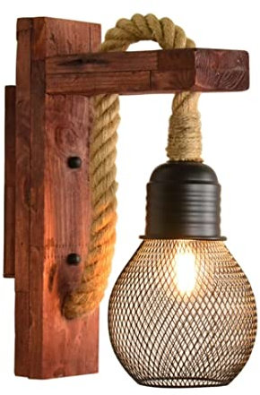 Vintage Wandleuchte Hanfseil Wandleuchte Holzsockel Eisengitter Lampenschirm Retro Leuchte Dekorative Wandbeleuchtung für Loft Restaurant Korridor Wohnzimmer Korridor
