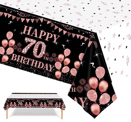 70th Table Cloth,Black Rose Gold Birthday Tablecloth 137*274cm rectangle Disposable Tablecloth Party Table Cloth Large Plastic Table Cover Black Rose and Gold Decors for 70th Birthday Party supplies