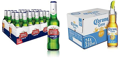 Stella Artois 0% Alcohol Free Premium Lager Beer Bottle, 24 x 330 ml & Corona Cero Alcohol Free Lager Beer 24 pack bottle, 0% ABV