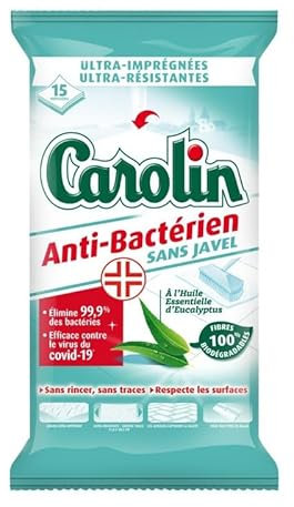 Carolin Lingettes Sols Anti-Bactériennes, Paquet de 15 Lingettes Biodegradables pour un Nettoyage Efficace et Respectueux de l'Environnement - Idéales Pour Tous les Types de Sol! - Le Lot De 3