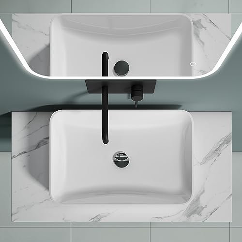 doporro Mensola Sospesa per Lavabo da Appoggio 50x100 cm in Legno Effetto Marmo Bianco, Consolle da Parete per Bagno con Staffe, Mobile da Bagno Design Industriale Platte05