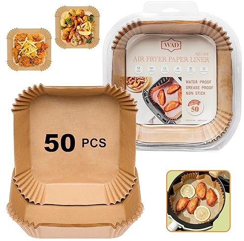 WAD Air Fryer Liners Disposable, 50 Pcs 6.5 Inches Square Air Fryer Parchment Paper Liners, Greaseproof Paper for Air Fryer, Air Fryer Accessories, Compatible with COSORI, Ninja, Tower, Tefal.