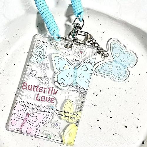 OUBFUUY Kpop Photocard Holder, Keychain Butterfly PC Holder Kpop ID Badge Holder with Keychain Student Bus Card Pendant Keychain Hard Shell Protective Photo Sleeves (Blue)