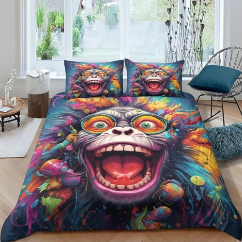 Hip Hop AFFE Bettwäsche Set Kinder Bunte Tiere 3D Bettbezug Set Microfaser Weiche Flauschige Bettdeckenbezug Mit Reißverschluss Und Kissenbezug King（220x240cm）