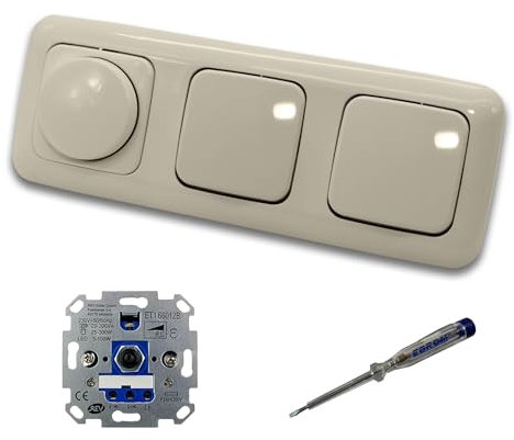 REV Ritter LED Drehdimmer Dimmer + Busch Jäger Dimmerscheibe 2115-212 und 2 x Kreuzschalter 2000/7 US in DURO2000 cremeweiß glänzend inklusive EBROM Phasenprüfer zur Montage der Geräte ET1 66012B