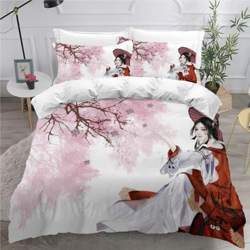 DILANI Bettwäsche 155x220 Anime Frau 3D Bettwäsche-Set 3 Teilig Japanische Comics Sakura Weiche Microfaser Bettbezug mit Reißverschluss und Kissenbezug 80x80cm für Mädchen Jungen Kinder