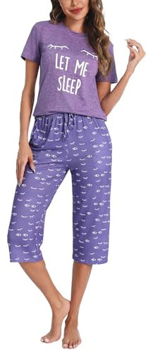 Uniexcosm Pigiama Donna Cotone Estivo Pigiama da Donna Girocollo Set da Donna con Pantaloni Corti Stampati a 3/4 Viola XXL