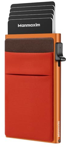 Manmaxim Kreditkartenetui Geldbörse RFID, Slim Wallet mit Münzfach, Minimalist Lockcard Pop up Cardholder Wallet for Women Herren, Kartenetui 5-7 Karten Metall Aluminium Portemonnaie Orange