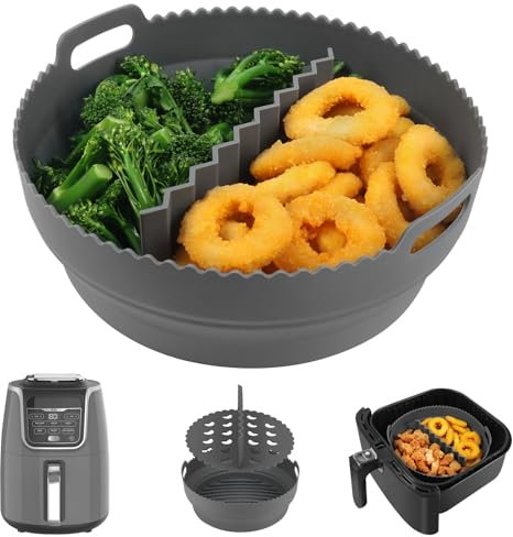 YQL Foldable Air Fryer Silicone Liner Round with Divider for Ninja Air Fryer MAX 5.2L, Reusable Air Fryer Accessories, Silicone Trays for Tefal 5L/COSORI 4.7-5.5L/Instant 5.7L/ Russell Hobbs 5L
