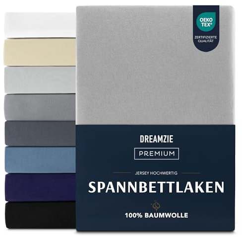 Dreamzie Premium Spannbettlaken 140x200 cm, Spannbetttuch für Dicke Matratzen bis zu 22 cm, Bettlaken 100% Jersey Baumwolle, 150 g/m², Oeko-TEX Zertifiziert - Grau
