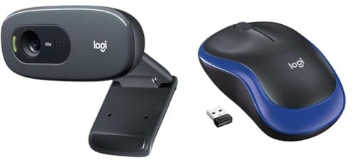 Logitech C270 HD Webcam, HD 720p/30fps, Widescreen HD Video Calling, HD Light Correction & M185 Wireless Mouse, 2.4GHz with USB Mini Receiver, 12-Month Battery Life