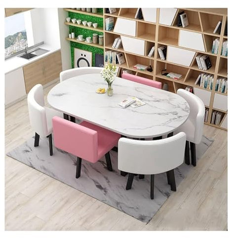 MNOIINM Oval Conference Esstisch und 6 Stühle PU -Sitzfläche, Holztisch und Metall Rahmen Business Office Rezeption Tisch Set Set