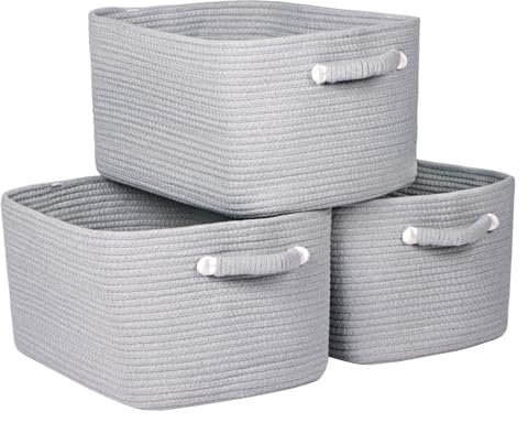 Univivi 3-Pack Storage Baskets for Shelves, Rope Basket for Towel Storage, White Bathroom Storage Basket, Woven Blanket Basket for Living Room, Shoe Basket, Baby Storage Basket, Grey