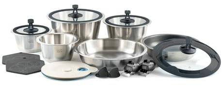 cookvision nesto stapelbares Topf- und Pfannenset 17-tlg. Schwarz, 4 Edelstahltöpfe für Spülmaschine, Induktion, Backofen, 2 Pfannen, 2 abnehmbare Griffe, 3 Glasdeckel, für Paare, Camping, Reisen