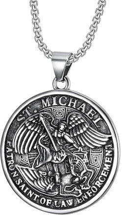 JewelryWe Heiliger Michael Halskette für Herren: Edelstahl Erzengel St. Michael Medaille Anhänger mit 22 Zoll Kette Schutzpatron Amulett Christliche Religiöse Beschützer Schmuck