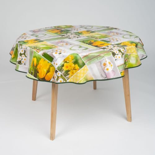 laro runde 140 cm wachstuchtischdecke wachstischdecke abwashbar PVC tischdecke Wachstuch wasserabweisend Garten tischdecke, Muster:Blumen Narzissen Tulpen Margeriten
