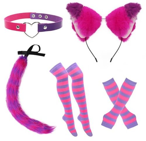 Set di 7 costumi da gatto a righe rosa e viola, soffici in finta pelliccia con orecchie di volpe, fascia per capelli, calzini, guanti da coda, girocollo, accessori per Halloween, cosplay, per donne e