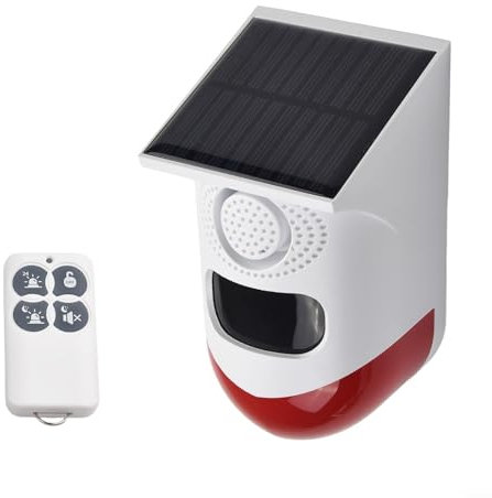 Oniissy Alarme solaire stroboscopique avec détecteur de mouvement Sirène d'alarme extérieure avec télécommande 120 dB Sirène de sécurité sonore IP67 étanche et 4 modes pour maison, ferme, grange,