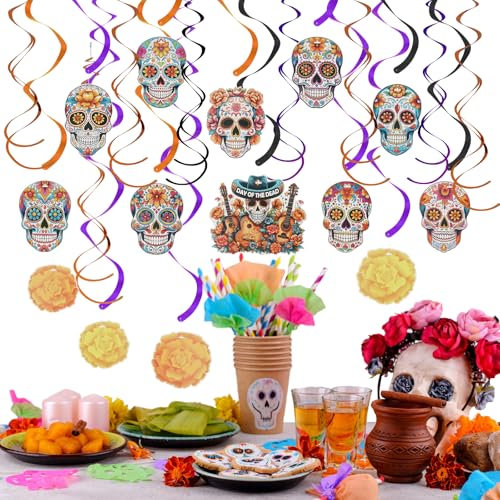 HONMOK 30 Stück Halloween Hängende Spiralen Tag der Toten Hängedeko Totenkopf Zuckerschädel Wirbel Deko Girlanden für Mexikanische Tag der Toten Party Halloween Deko