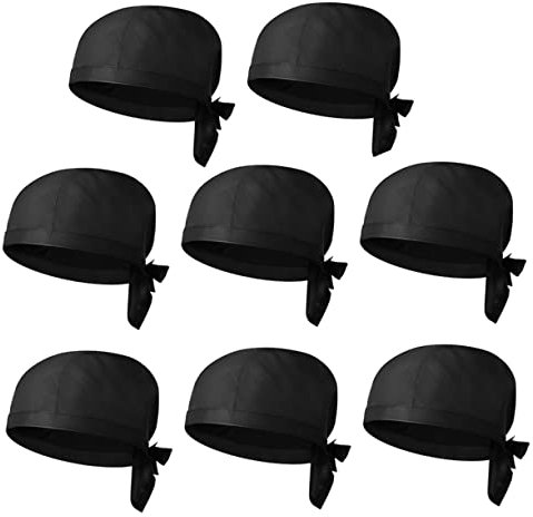 PACKOVE Gorros De Chef Unisex De Algodón Lazos, Elásticos y Cómodos, para Cocina Profesional, Restaurante y Barbacoa, Paquete De 8 Piezas Negro, Talla Única Ajustable