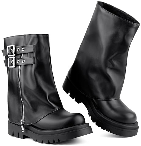 AlureAbys Women's Mid Calf Boots Fold Over Buckle Moto Biker Boots for Women Platform Chunky Low Heel Round Toe Boots Wide Calf Cowboy Riding Motorcycle Boot