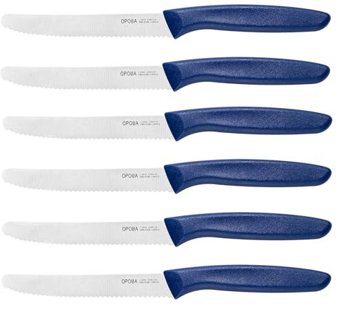 OPOLIA Blue FrüHstüCksmesser 6 Stück,Hochwertiges Edelstahl Tafelmesser Gezackte Klinge,Brötchenmesser,Tomatenmesser,Restaurant&Haushalts Scharfe Messer Set,Rostfrei&SpüLmaschinenfest