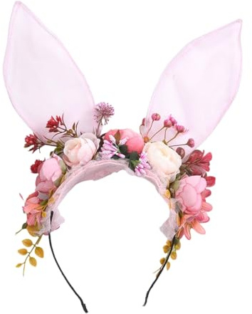 AMateschitz Bandeau à fleurs simulées avec oreilles de lapin - Bandeau mignon avec oreilles de lapin - Bandeau en maille pour cosplay et Pâques