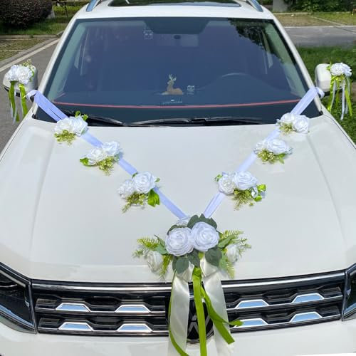 Autoschmuck Hochzeit Motorhaube Weiß, Hochzeitsdeko Auto Deko, Auto Wedding Deko Girlande, Auto Schmuck Braut Paar Rose, Hochzeitsauto Dekorationsset, Seidenblumen für Hochzeitsauto- Länge 220 cm x 2