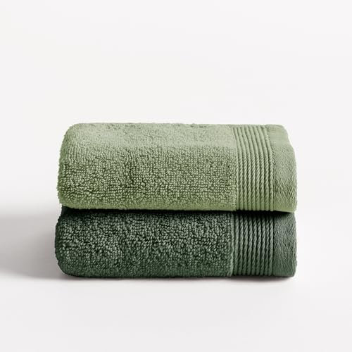 BOHEME | Juego de 2 Toallas Bicolor de Baño Grande Harmony | Verde Oscuro y Verde Claro | 2 (100x150) | 100% Algodón Zero Twist | 600 g/m² | Suaves, Absorbentes y de Secado Rápido|Lavables a Máquina