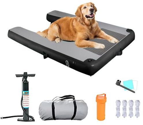 Rampe Flottante Gonflable pour Chien - Plateforme Aquatique pour Chiens Jusqu'à 110kg, Ponton Antidérapant EVA avec Échelle pour Piscines(Black,150 L x 100 W x 10 H cm)
