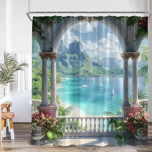 Tenda da Doccia 200x200 cm con Paesaggio Marino, Tende da Bagno con Arco da Giardino e Paesaggio Oceanico Blu, Tessuto Impermeabile Architettonico Italiano con Ganci, 200L x 200A cm (1 Pannelli)
