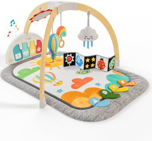 Move2Play, Montessori inspiriertes Kick-&-Play-Baby-Fitnessstudio aus Holz, Musikklavier | dicke + weiche Bodenmatte | Bauchzeit-Aktivitätszentrum | Spielmatte für Neugeborene und Kleinkinder |