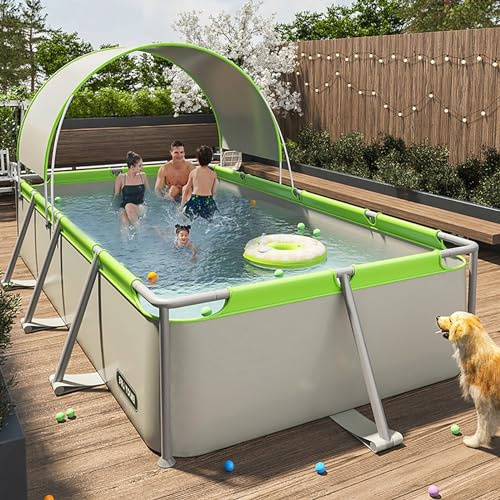 Dyqyym Metallrahmen Schwimmbad Warmes Wetter Rechteckig Aufstellpools Faltpool mit Schuppen Dach Outdoor Lounge Pool für Erwachsene