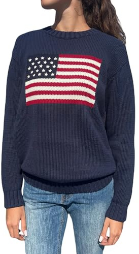 Damen Y2k Pullover mit Vintage-Flagge, 4. Juli, langärmelig, USA-Flagge, bedruckt, Strickpullover, adretter Stern-Pullover