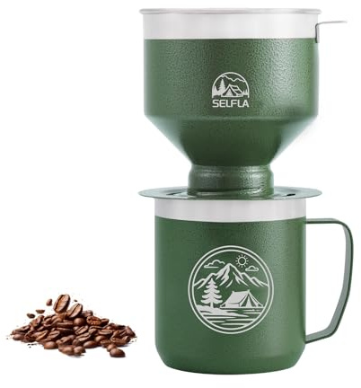SELFLA Edelstahl-Kaffeetropfer-Set, Outdoor-Kaffeetropfer, Wiederverwendbarer Filter & Isolierbecher (473ml), für Wandern, Camping & Abenteuer, Spülbar & Tragbar - Grün