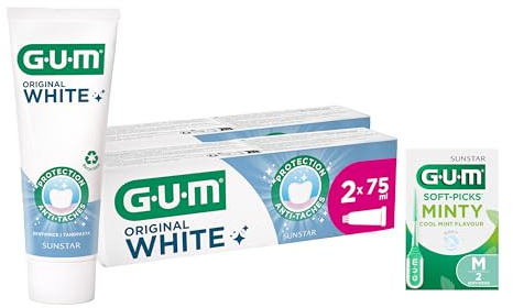 GUM Original White Zahnpasta | stellt das ursprüngliche Weiß der Zähne wieder her | Fluorid und Isomalt schützen den Zahnschmelz (2 x 75ml (mit 1 Gratisprobe))